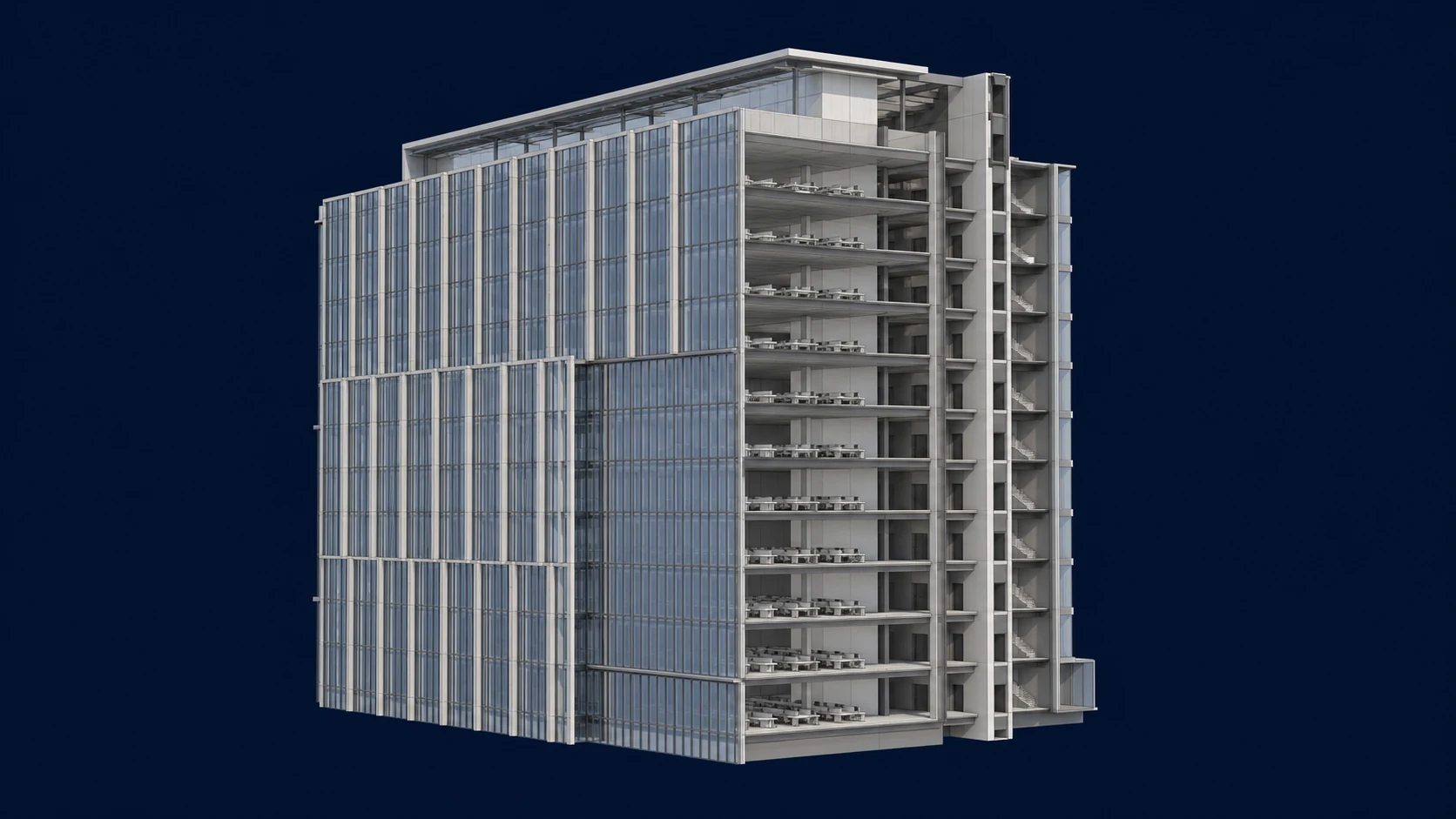 Commercial Office Tower opposite-side exterior view showing opposite curtain-wall elevation and office edge
