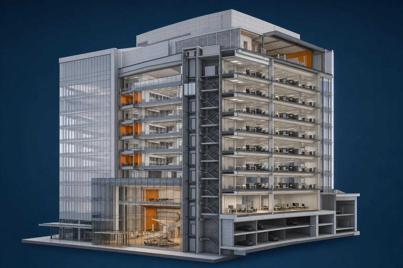 Commercial Office Tower architectural model showing open office floors, circulation and envelope