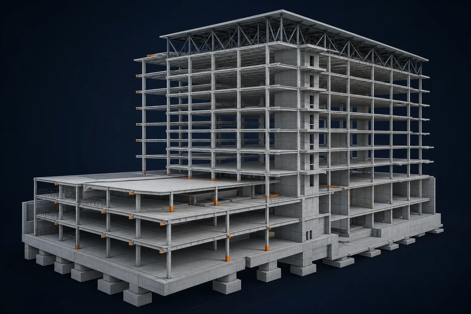 Commercial Office Tower structural model showing core, columns, beams, slabs and roof framing