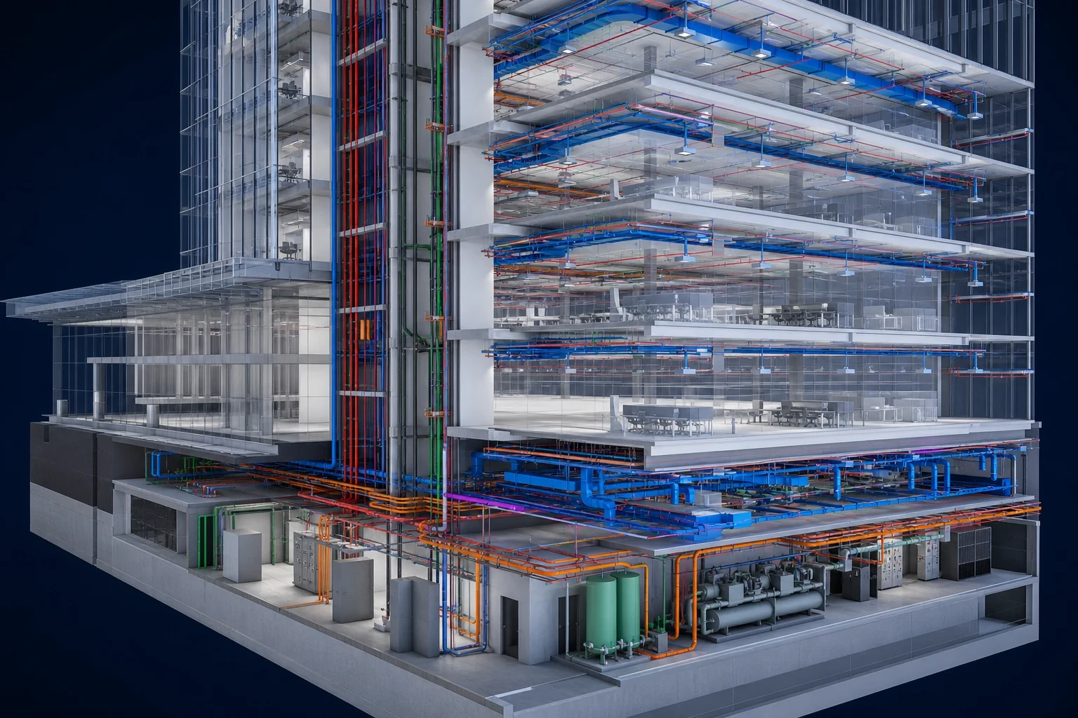 Commercial Office Tower mep coordination showing ceiling services, risers and mechanical distribution