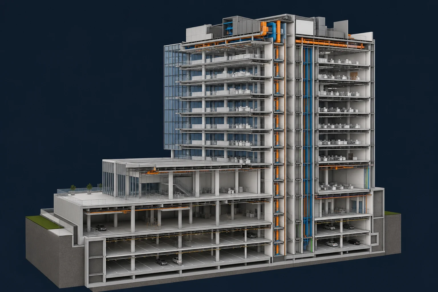 Commercial Office Tower section box showing open floors, core, raised floor and services