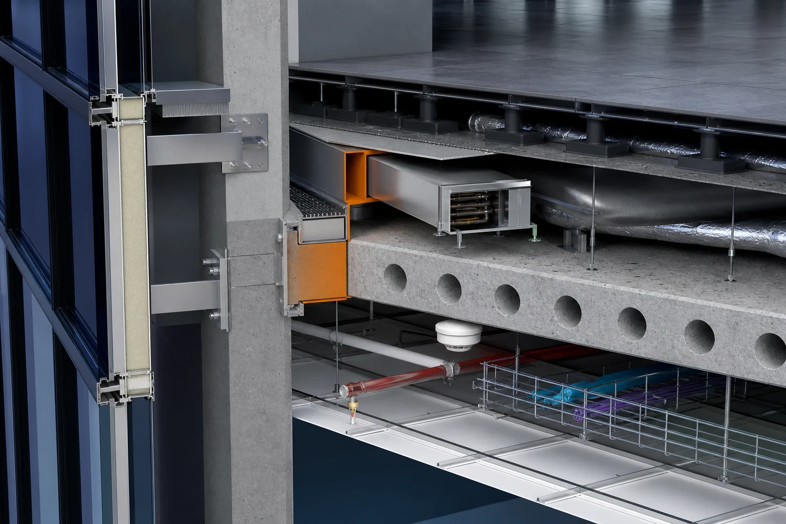 Commercial Office Tower technical close-up showing curtain wall, steel beam and raised-floor interface