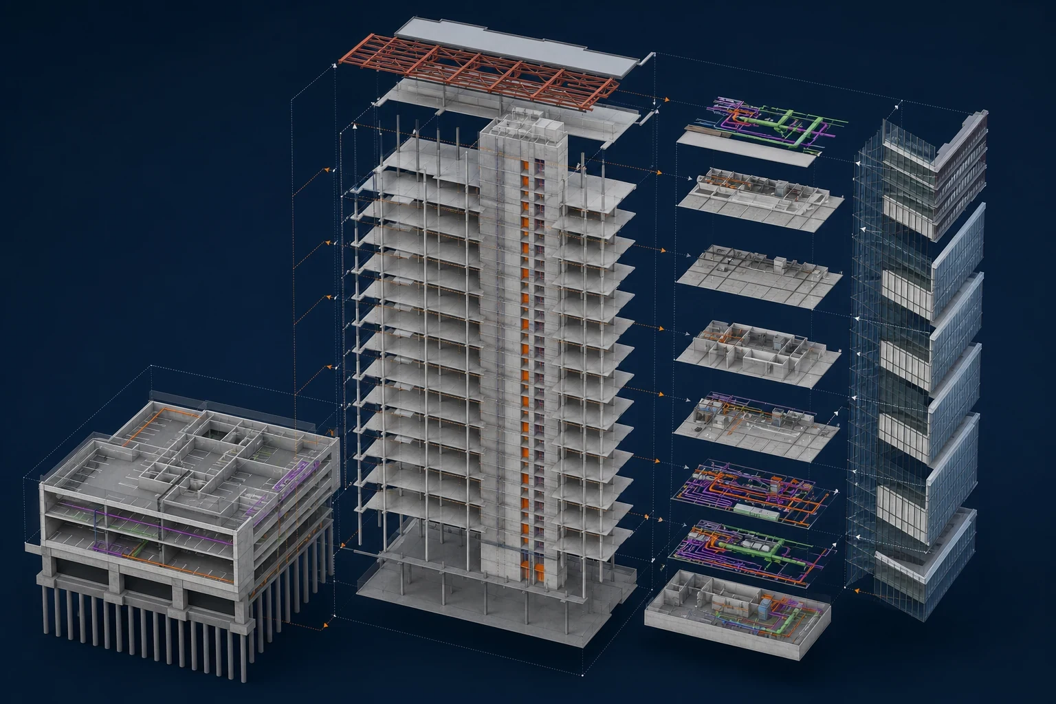 Commercial Office Tower exploded or phased view showing structure, floors, facade and services