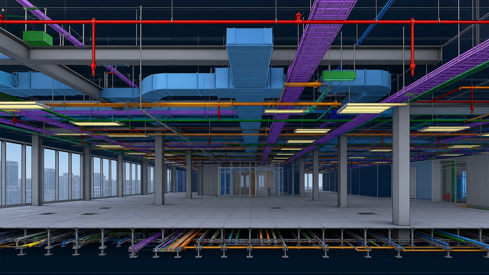 Commercial Office Tower internal coordination view showing ceiling services, headroom and raised-floor routing