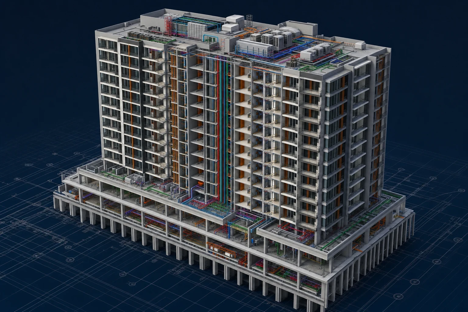 Residential Development overall federated model showing apartment floors, podium, balconies and coordinated services