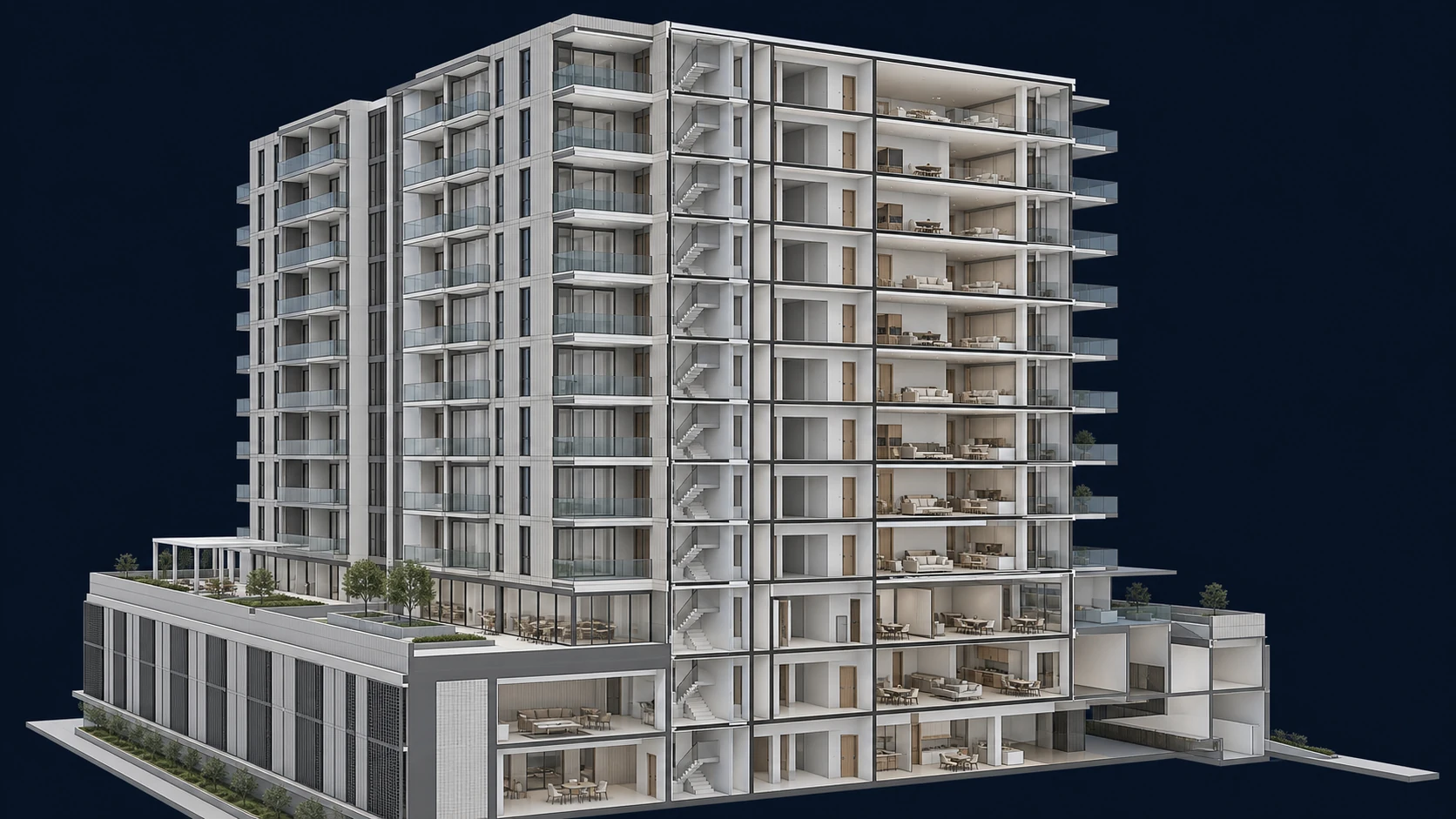 Residential Development opposite-side exterior view showing opposite facade and balcony repetition