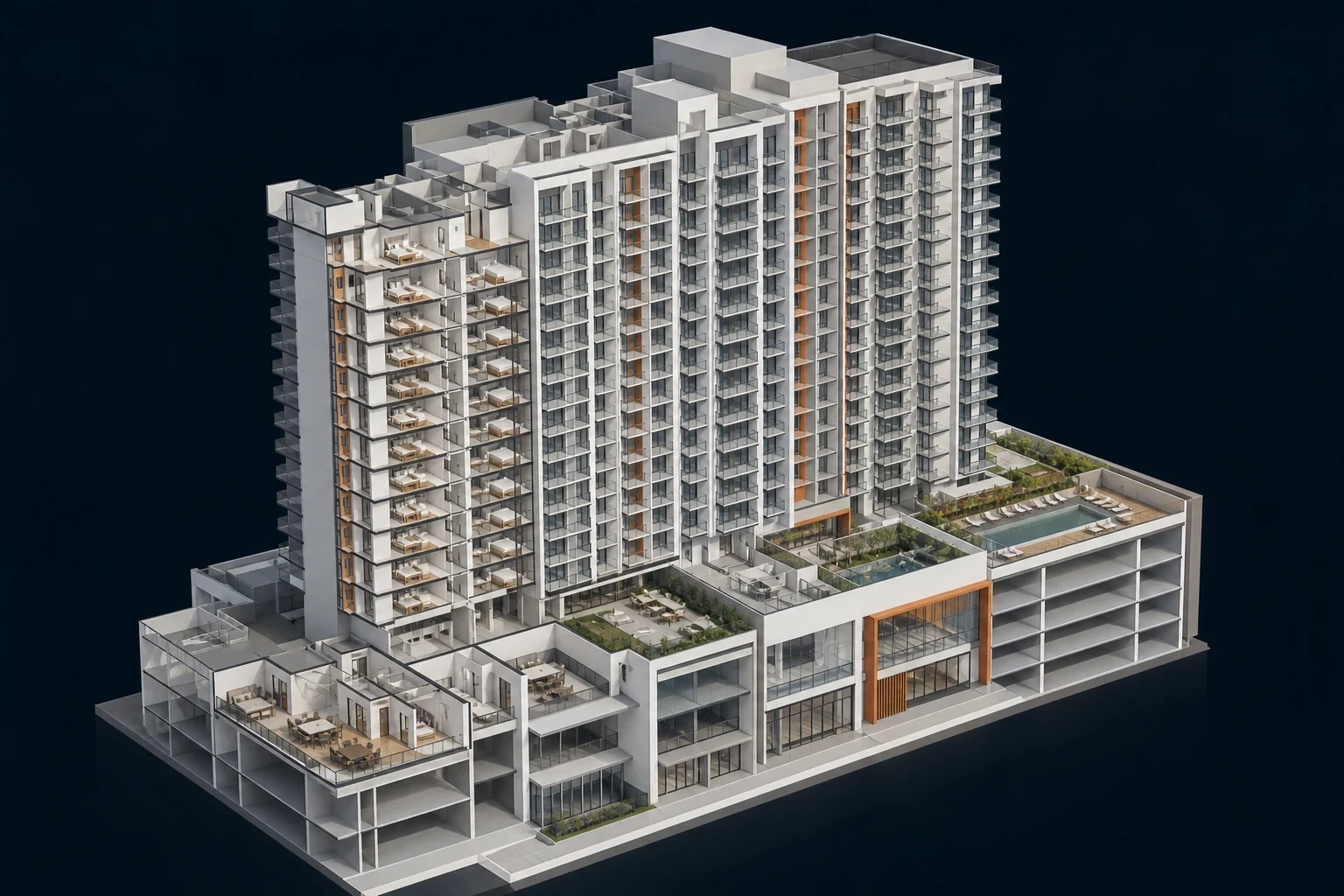 Residential Development architectural model showing apartment layouts, circulation cores and envelope