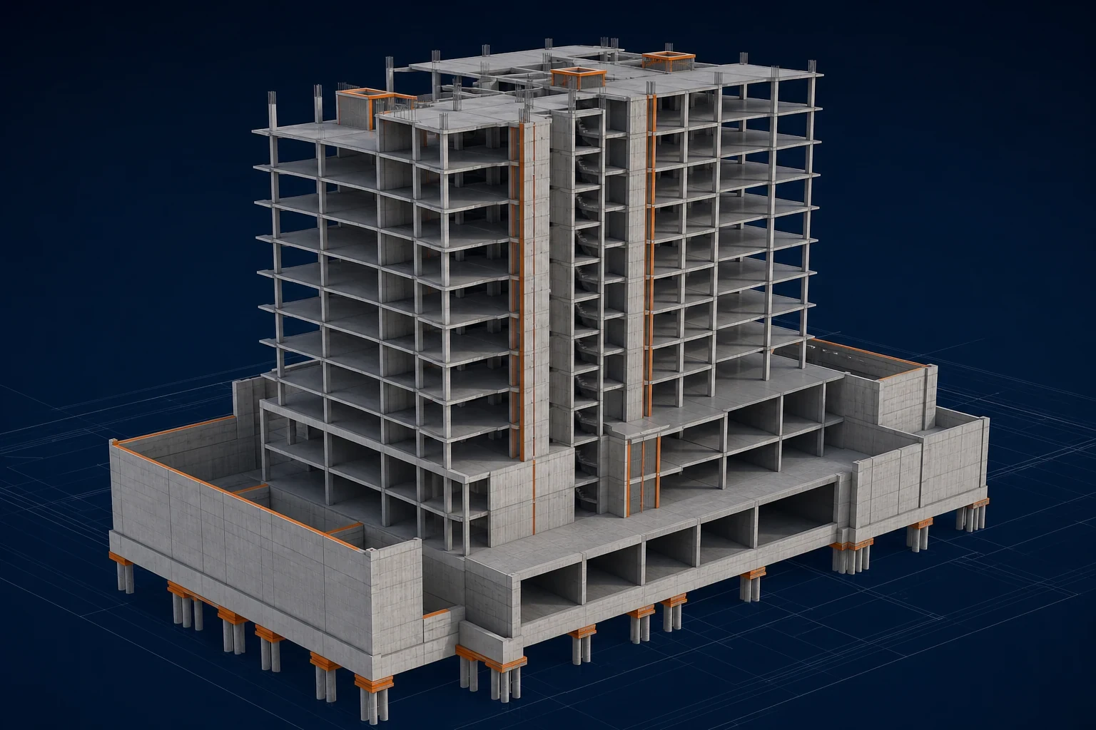 Residential Development structural model showing slabs, columns, walls and foundations
