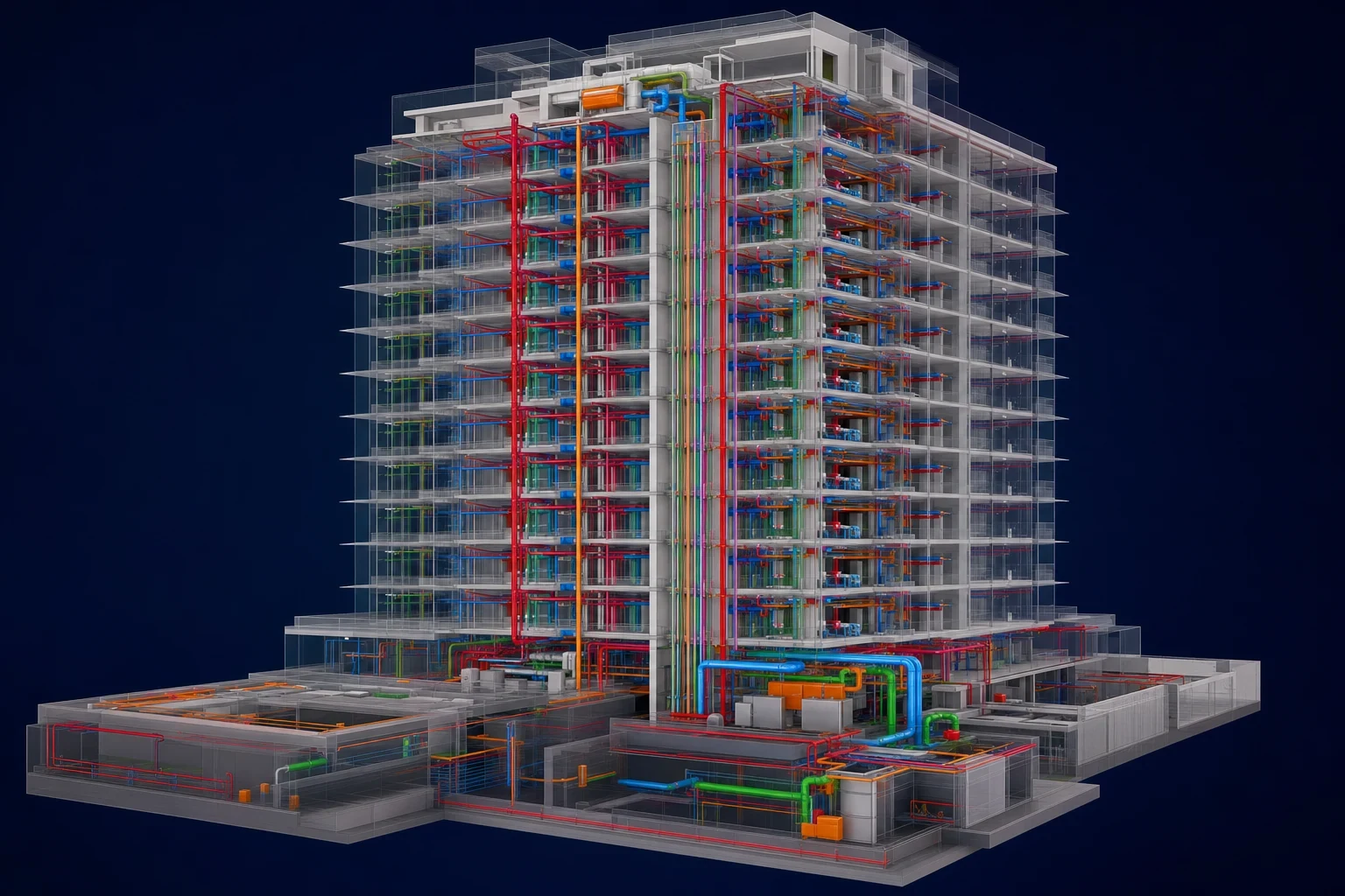 Residential Development mep coordination showing wet-area services, risers and roof services