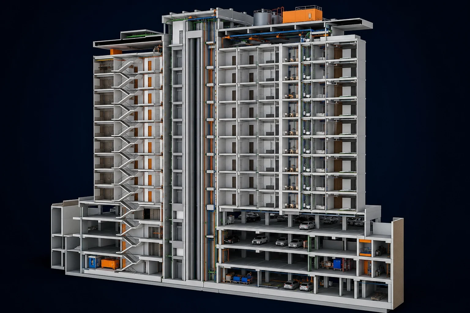 Residential Development section box showing apartment floors, shafts, structure and services