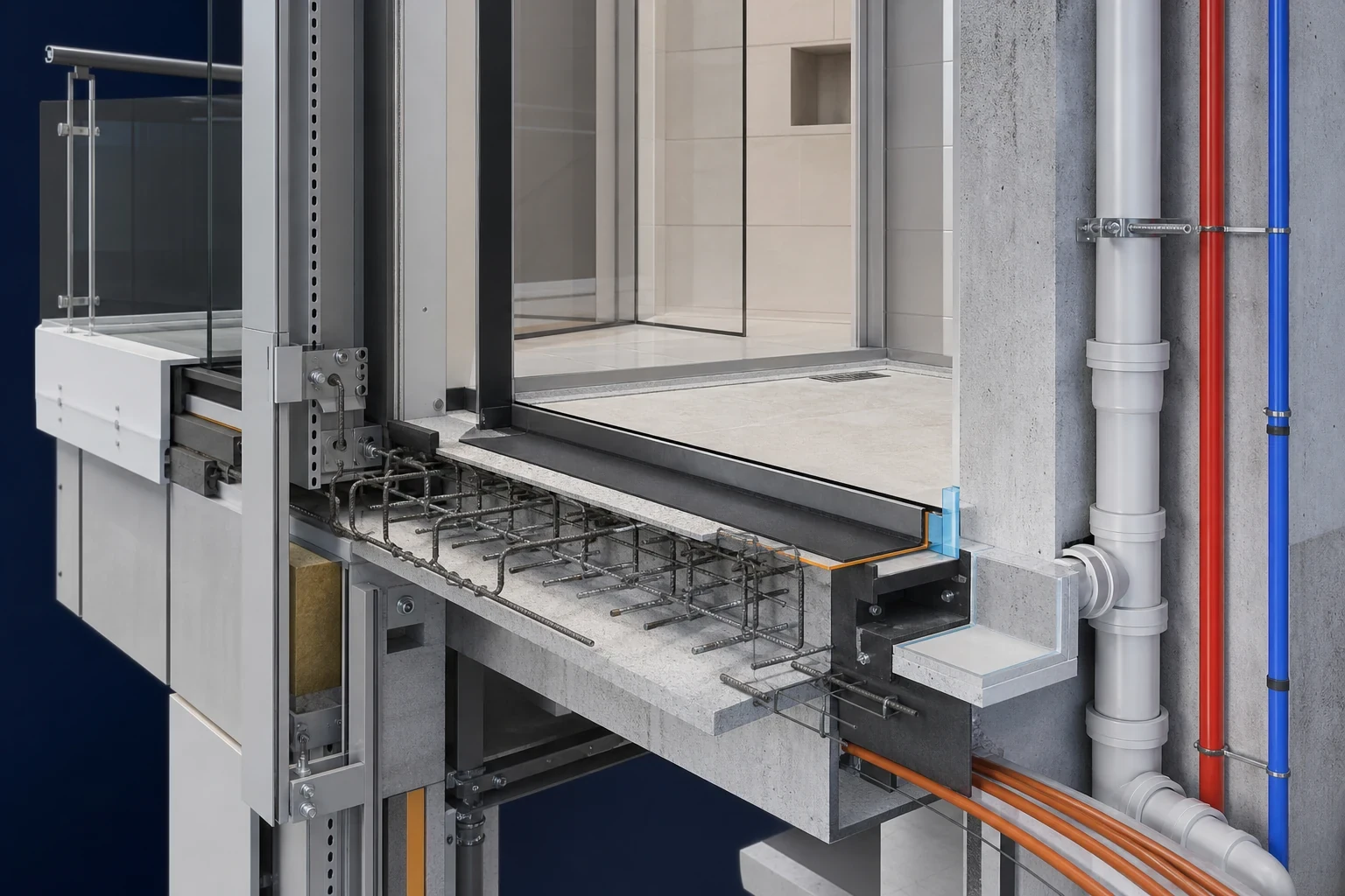 Residential Development technical close-up showing balcony, facade, slab-edge and drainage interface