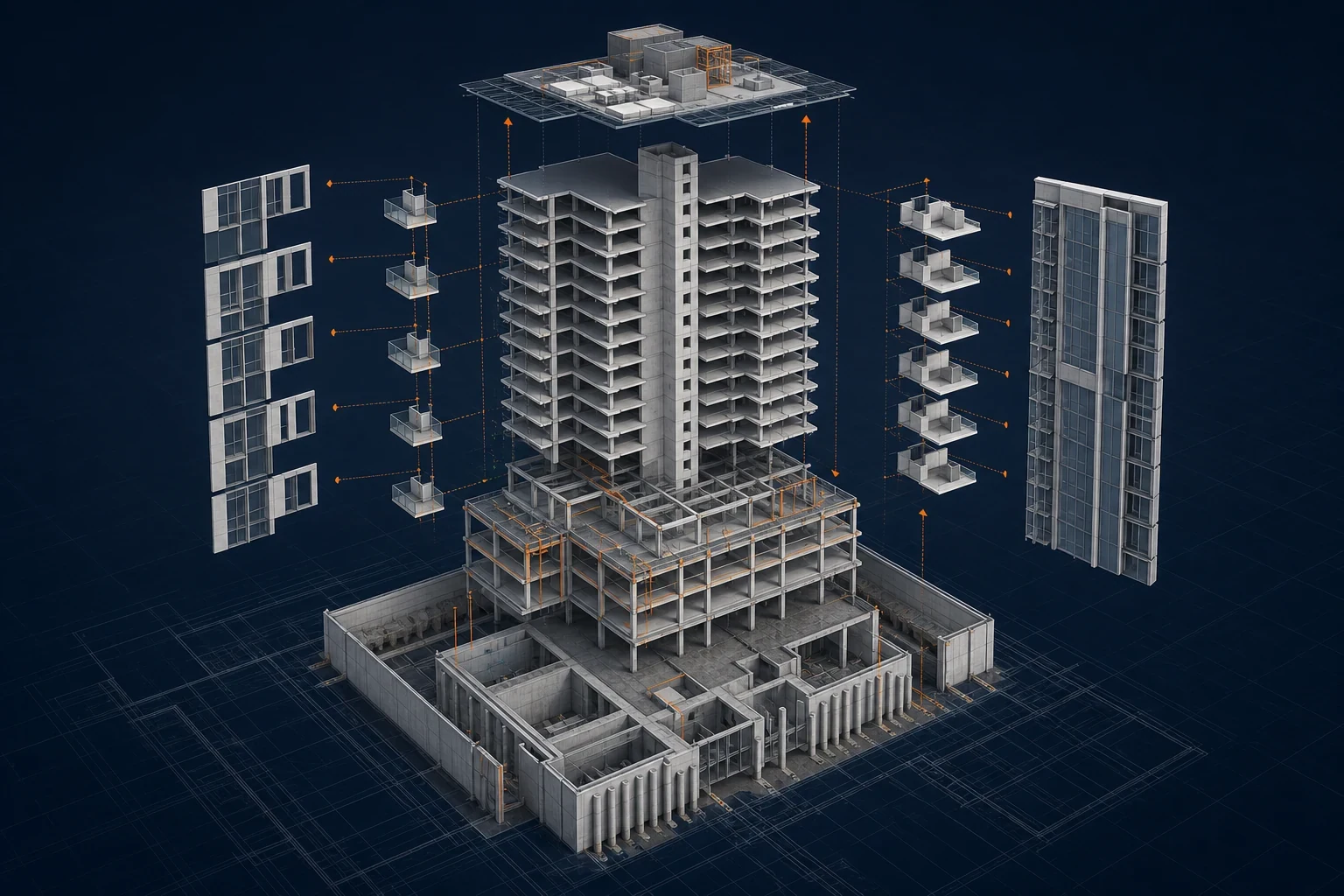Residential Development exploded or phased view showing structure, apartments, facade and services