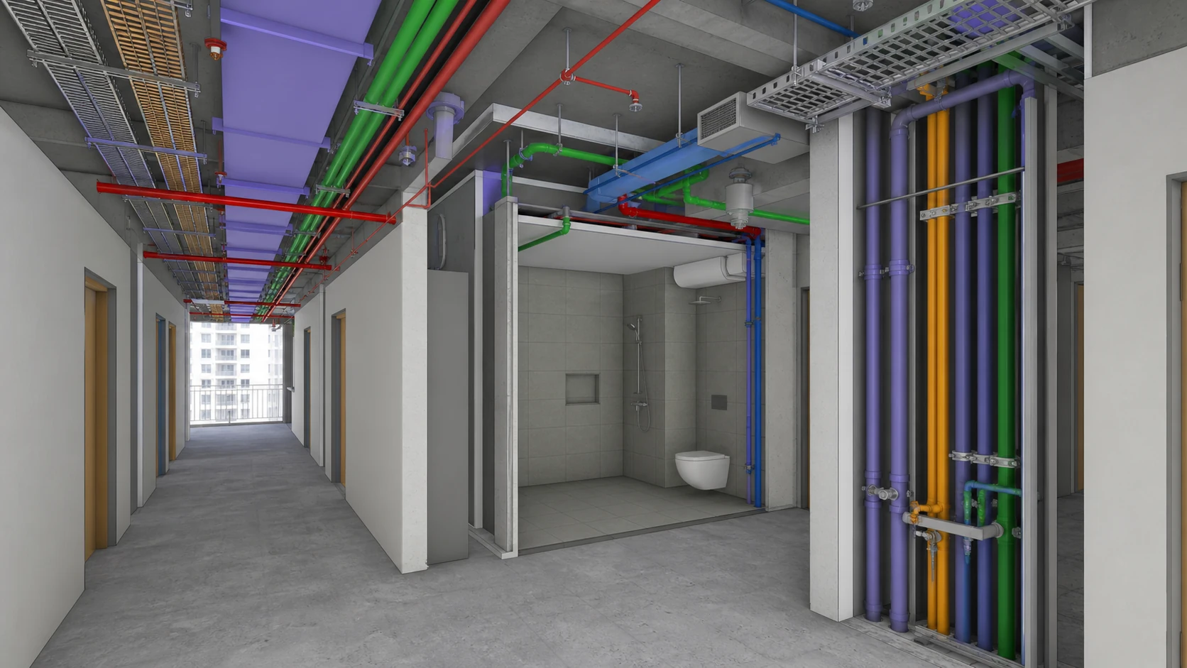 Residential Development internal coordination view showing corridor headroom, wet-area services and risers