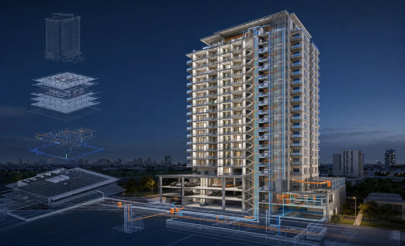 Residential Development client presentation view showing residential towers and podium