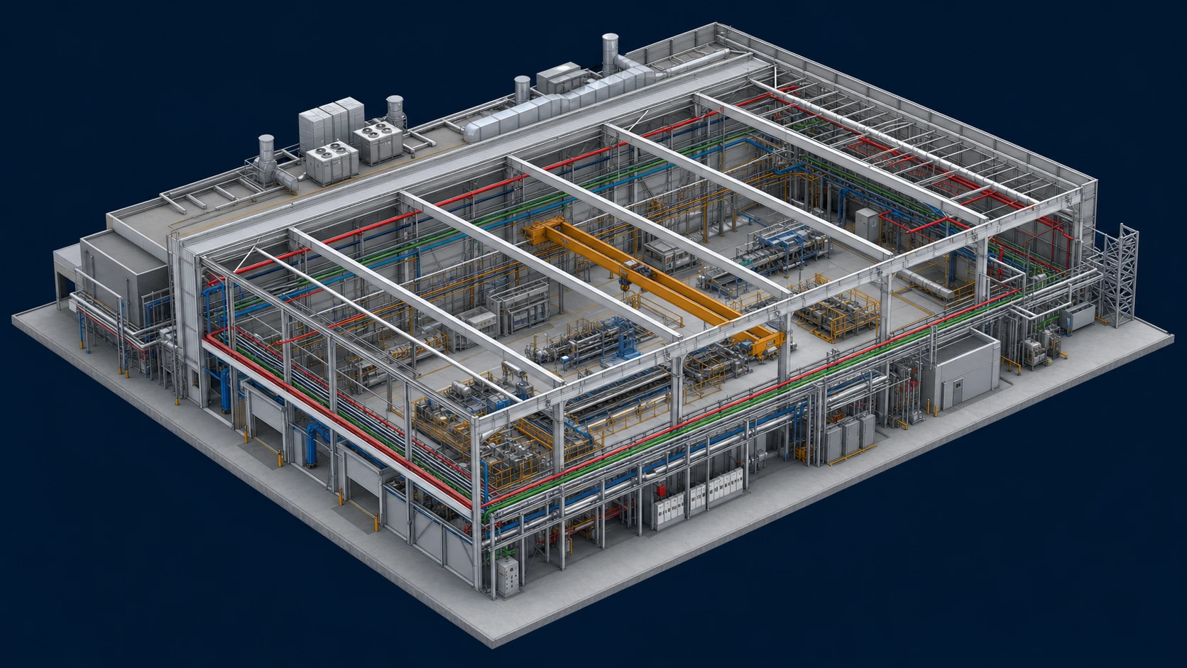 Industrial Workshop overall federated model showing portal frames, overhead crane, equipment and services