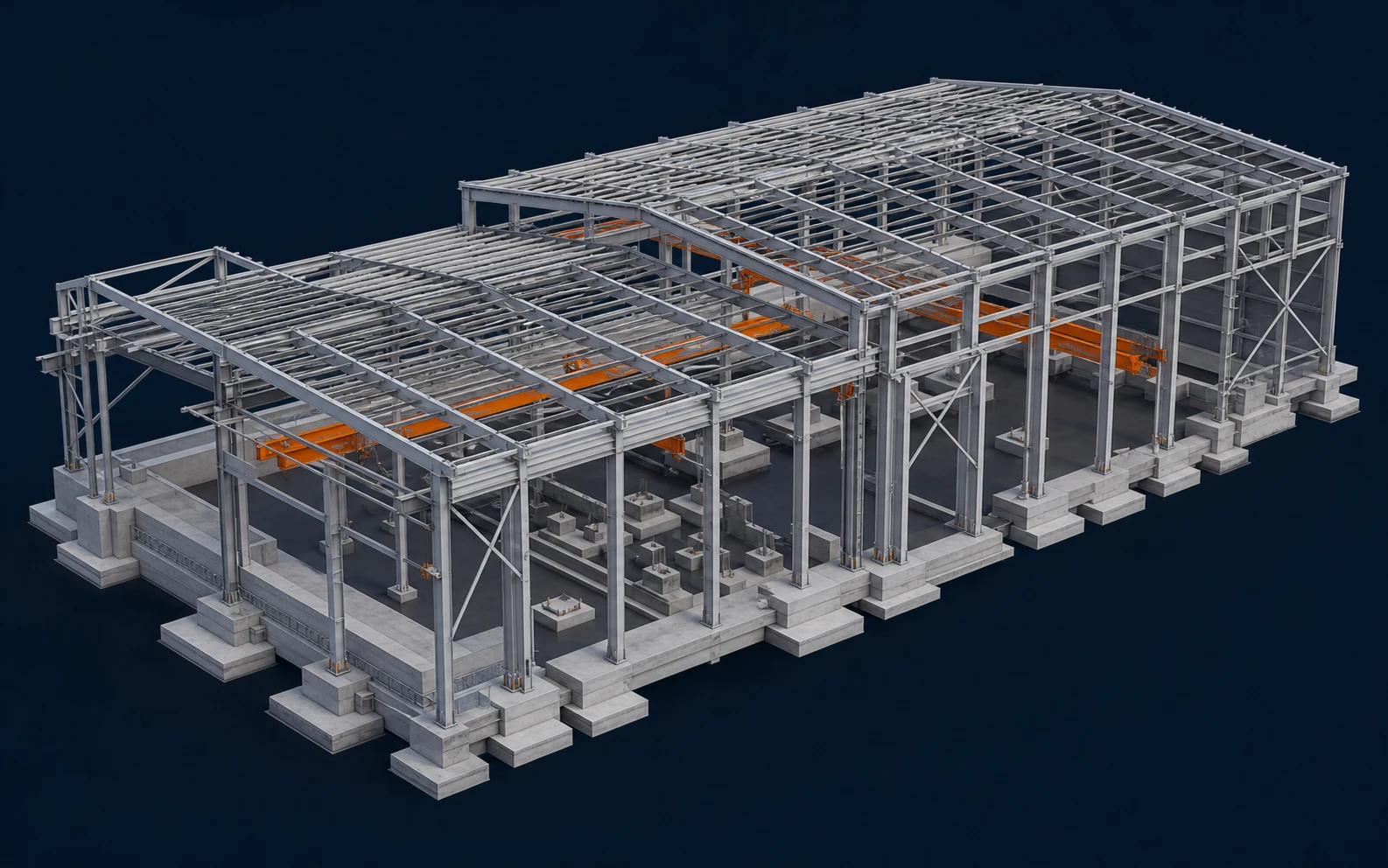 Industrial Workshop structural model showing portal frames, crane rails, columns and foundations