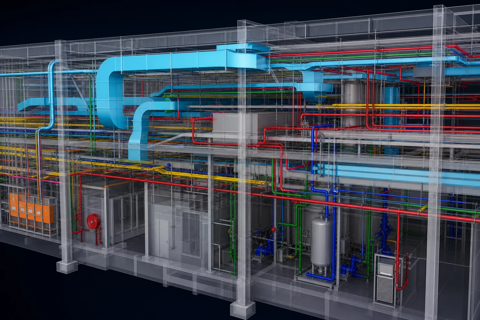 Industrial Workshop mep coordination showing industrial piping, ventilation and fire protection
