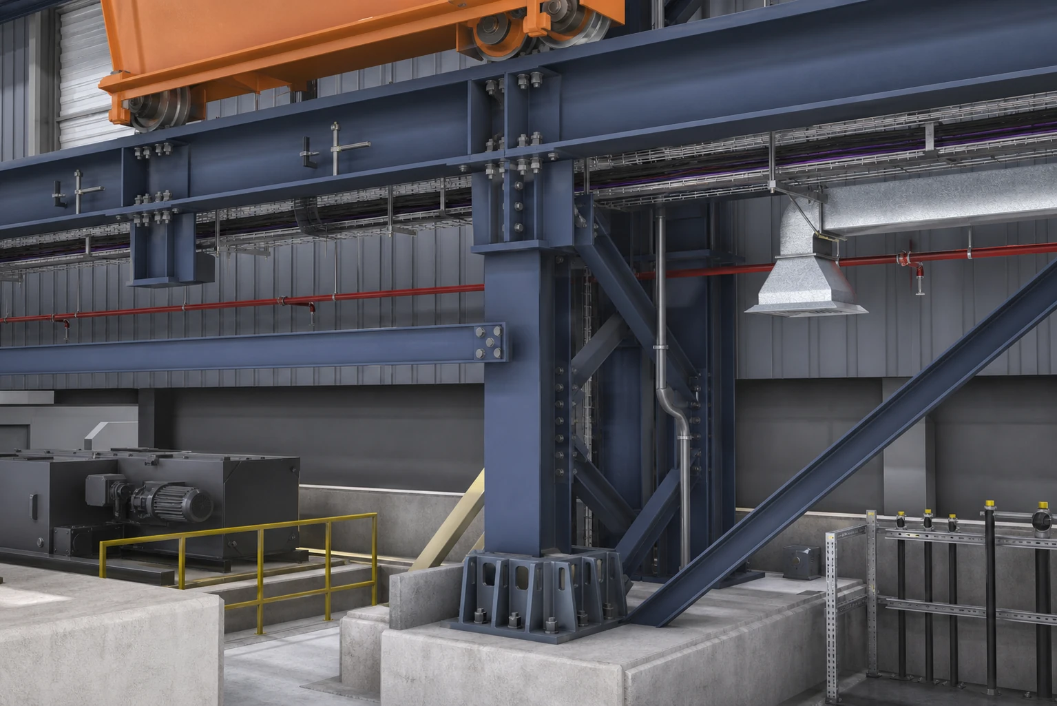 Industrial Workshop technical close-up showing crane rail, steel column and service interface