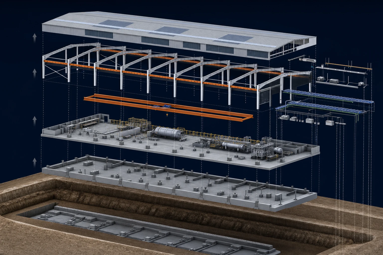 Industrial Workshop exploded or phased view showing foundations, portal frame, crane and services