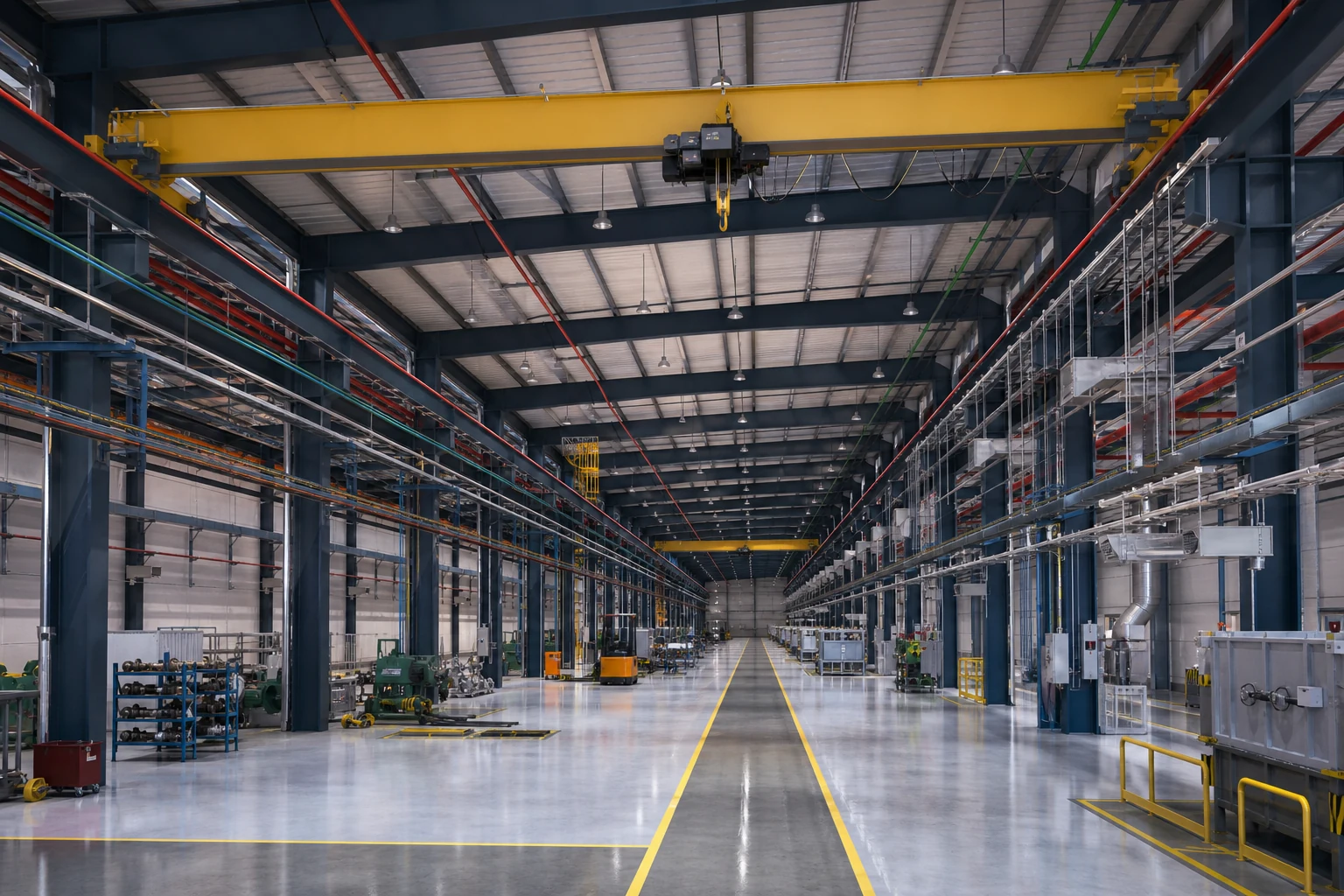 Industrial Workshop internal coordination view showing crane clearance and high-level routing
