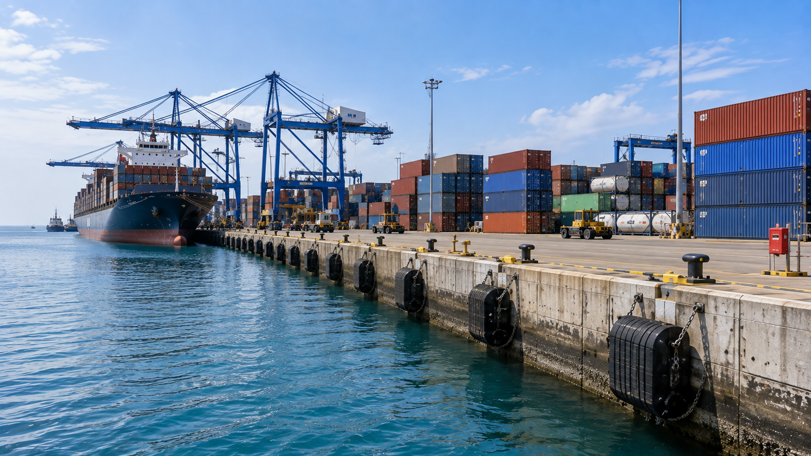 Port quay with berthing fenders, bollards and marine infrastructure